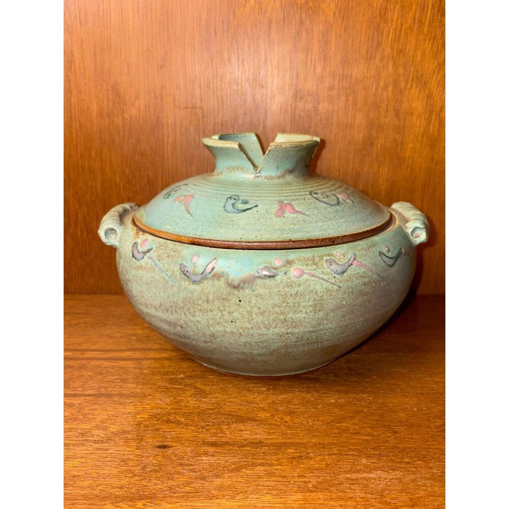 Handmade Studio Pottery Lidded Vessel Celadon Green Blue Glaze Signed '95